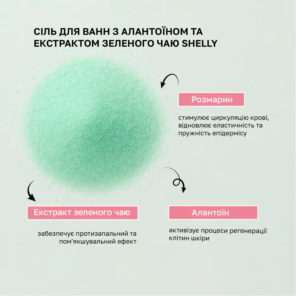 Сіль для ванн з алантоїном, екстрактом зеленого чаю та розмарину Shelly 550 г - фото 2