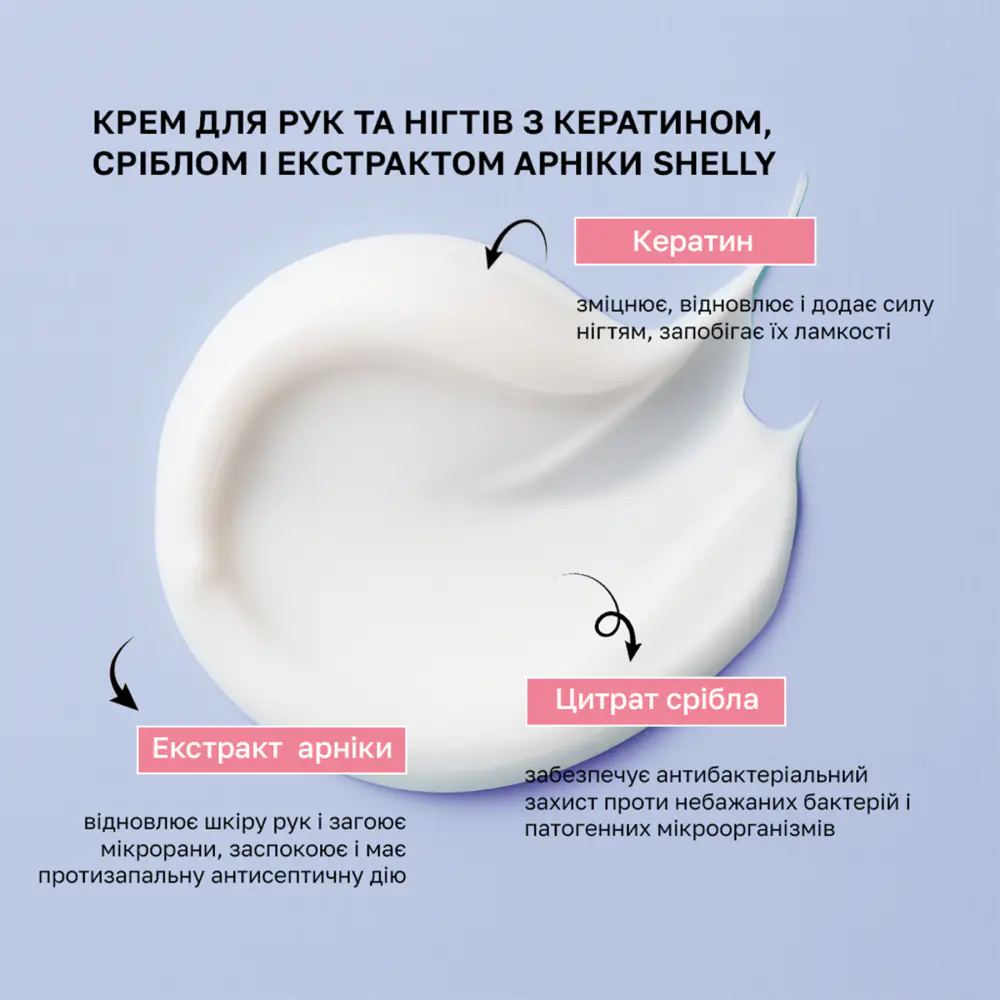 Крем для рук та нігтів з кератином, сріблом і екстрактом арніки Shelly 4 мл х 100 шт.  - фото 2